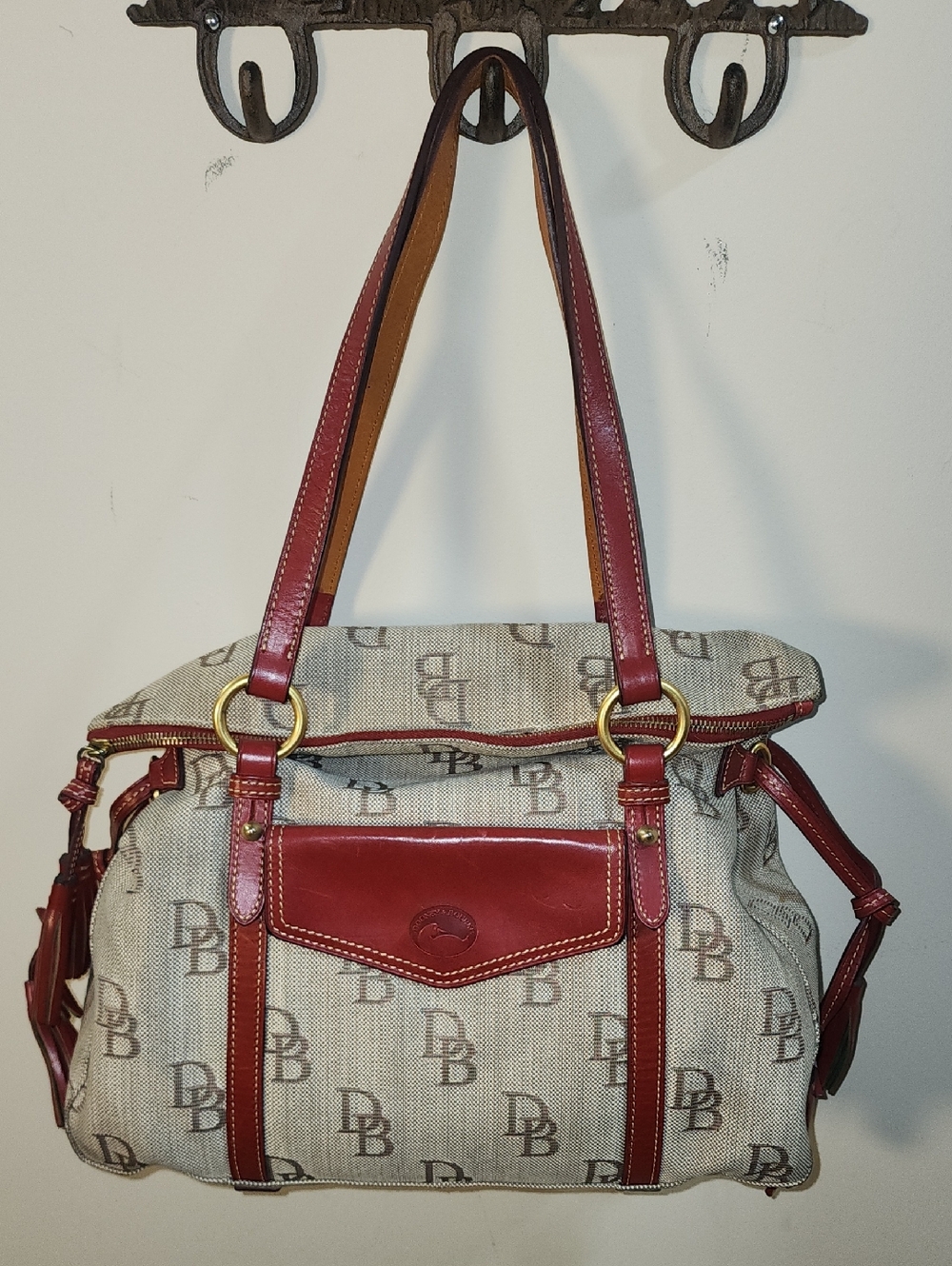 Dooney & Bourke Red Smith Florentine Trim Signature DB Leather Canvas Satchel
